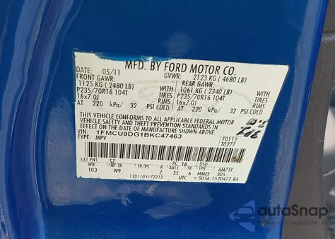 2011 Ford Escape Xlt z USA, uszkodzony, nr VIN 1FMCU9DG1BKC47463